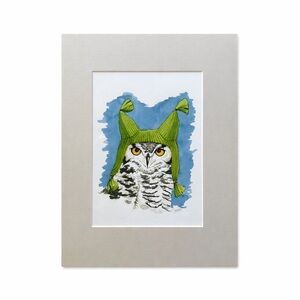 Danielle White Owl Illustration with Green Knit Hat - Matted Watercolor Print